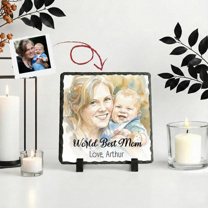 World Best Mom Watercolor Effect Picture Slate Stone Plaque