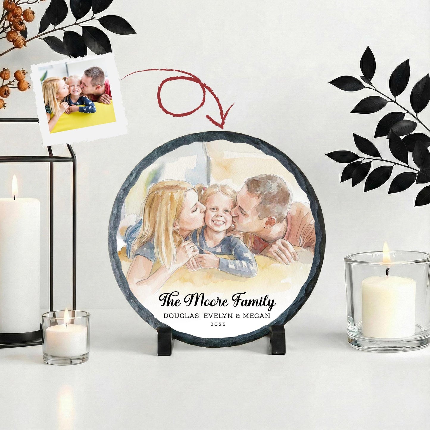 Custom Family Photo with Watercolor Effect Slate Stone