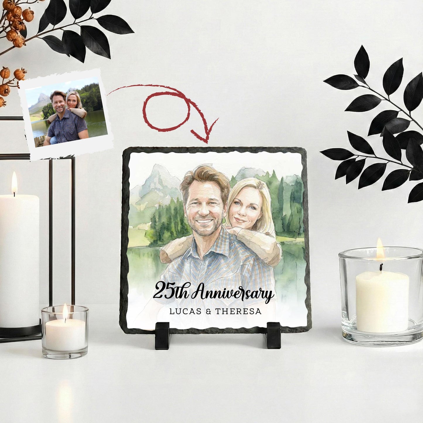 Anniversary Slate Stone Photo Plaque with Watercolor Effect