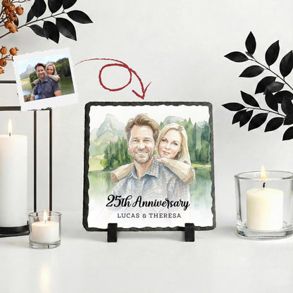Anniversary Slate Stone Photo Plaque with Watercolor Effect