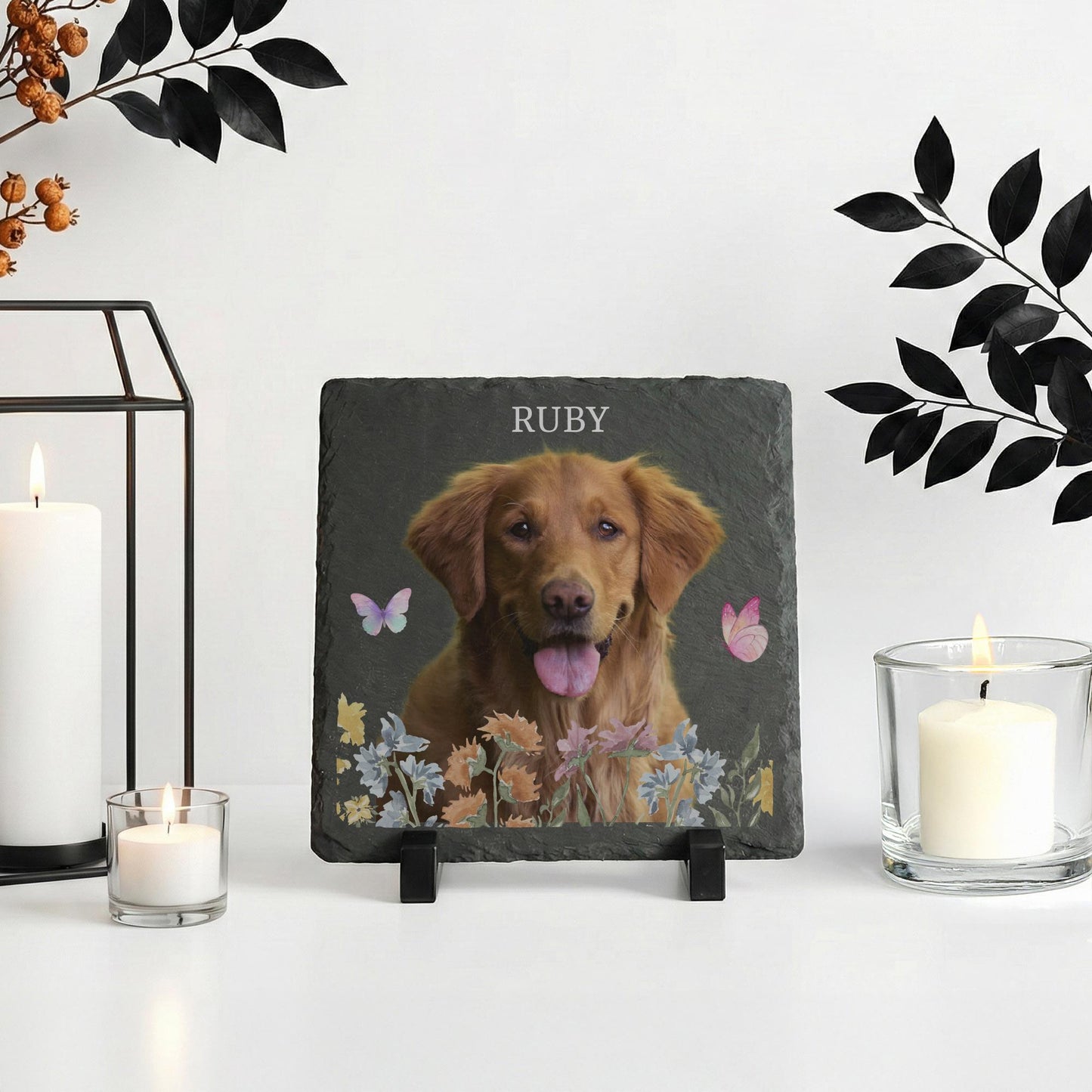 Custom Dog Photo with Flowers Stone Plaque, Puppy Portrait Rock Slate