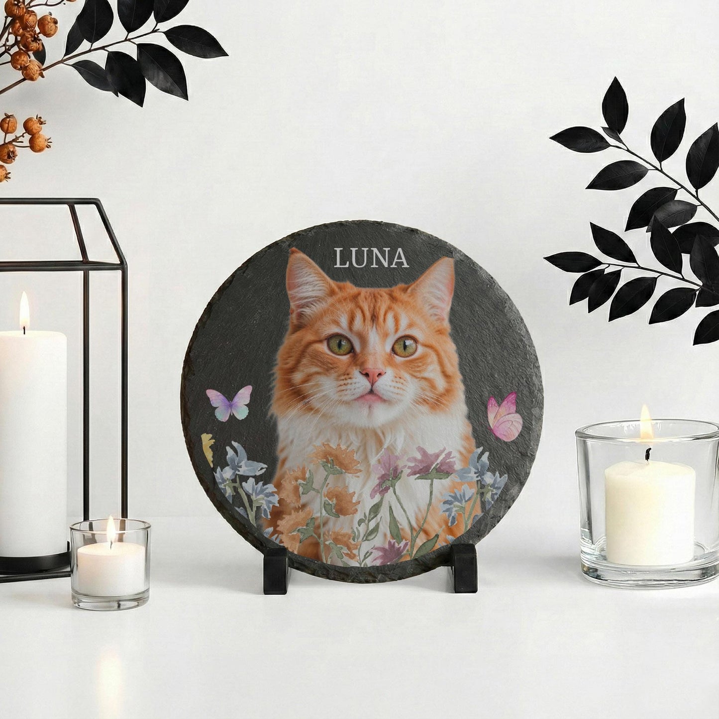 Personalized Cat Photo with Flowers Stone Plaque, Custom Kitten Portrait Rock Slate