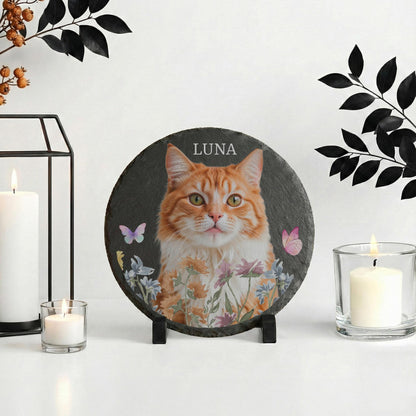 Personalized Cat Photo with Flowers Stone Plaque, Custom Kitten Portrait Rock Slate