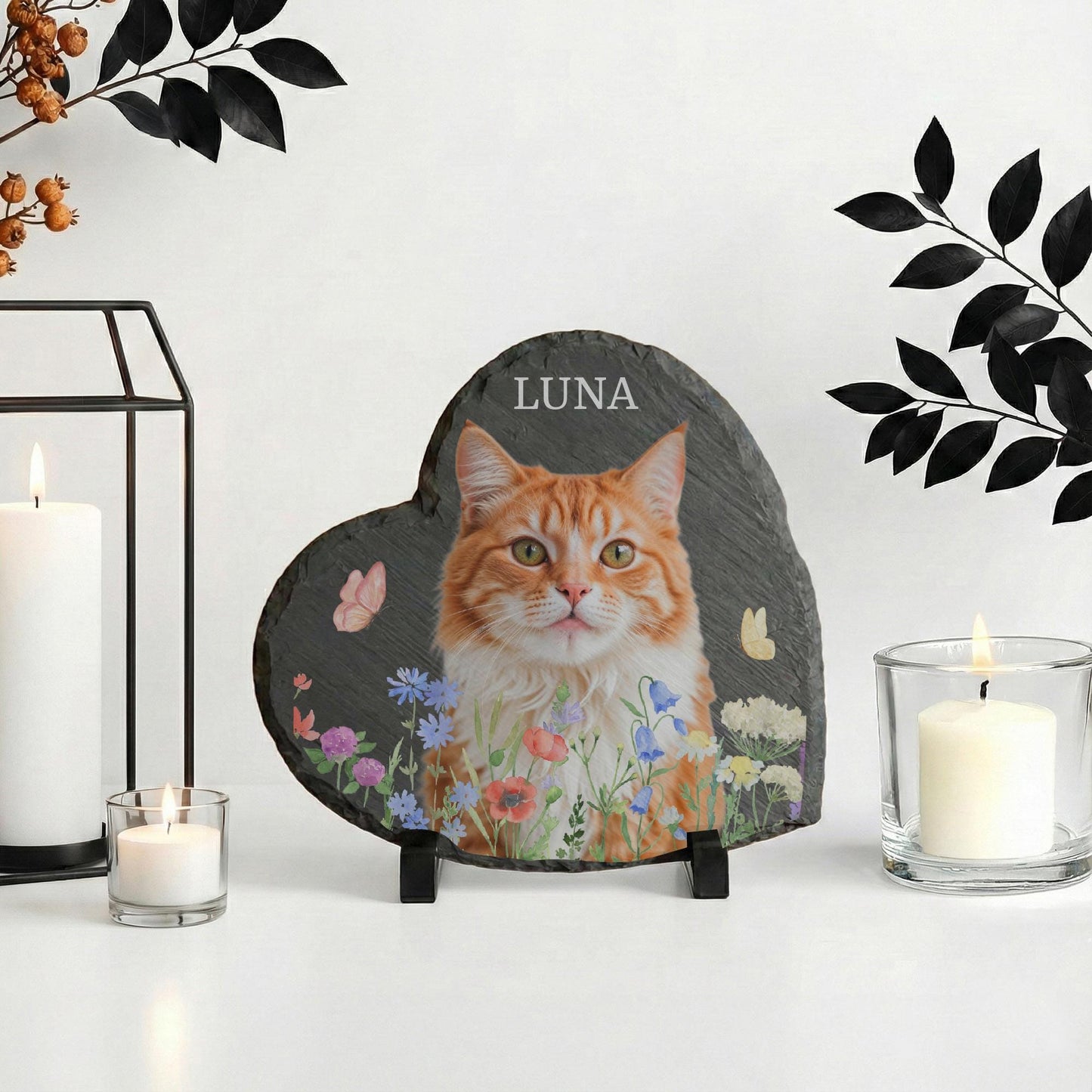 Personalized Cat Photo with Flowers Stone Plaque, Custom Kitten Portrait Rock Slate