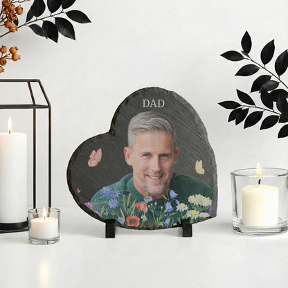 Custom Father Photo Slate Stone with Flowers, Dad Portrait Plaque
