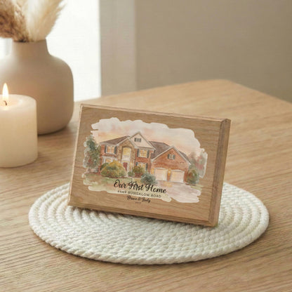 Custom Photo Home Wood Frame, Watercolor Effect Picture of First House