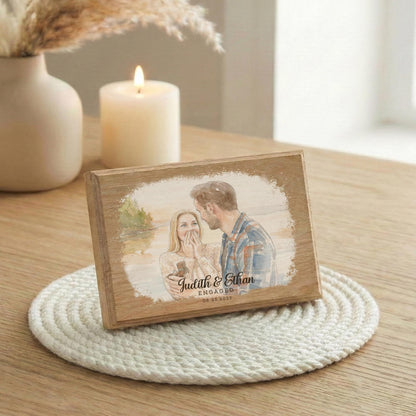 Engaged Couple Photo Watercolor Effect Wood Frame - Engagement Picture