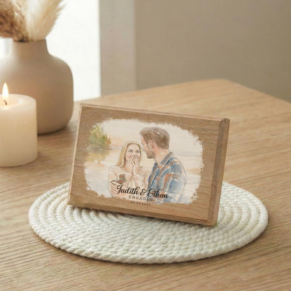 Engaged Couple Photo Watercolor Effect Wood Frame - Engagement Picture