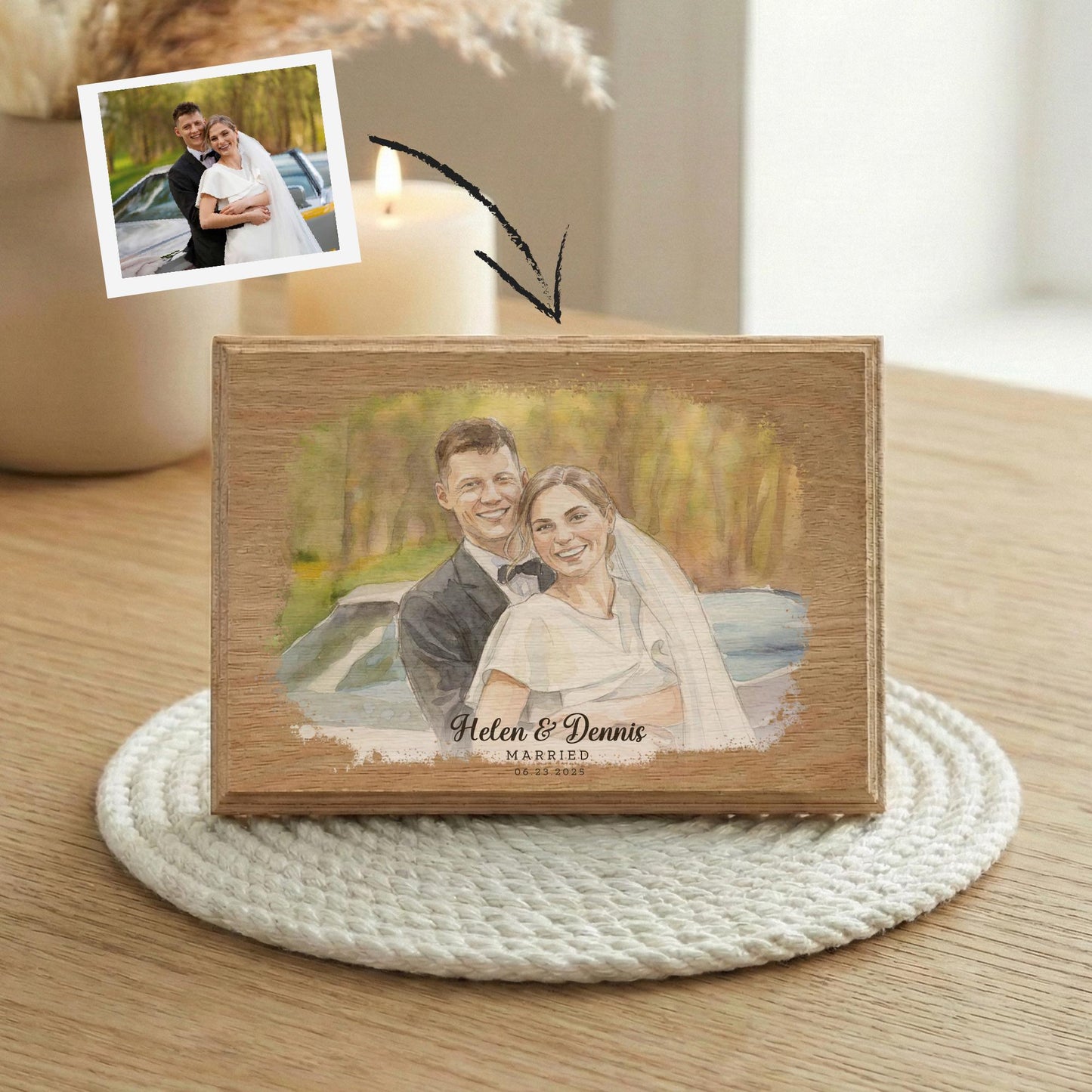 Personalized Married Photo Watercolor Effect Wood Frame, Custom Newlywed Picture Wedding Keepsake