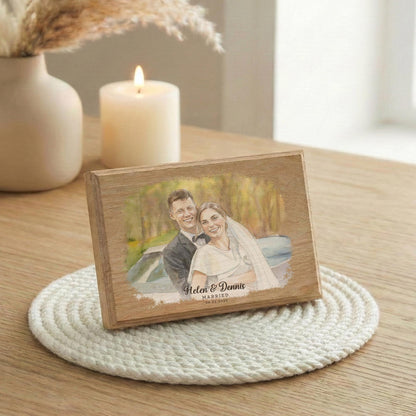 Personalized Married Photo Watercolor Effect Wood Frame, Custom Newlywed Picture Wedding Keepsake