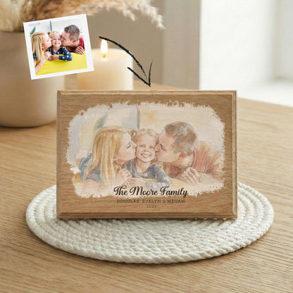 Custom Watercolor Effect Portrait from Family Photo, Mom Dad Children Picture Wood Frame