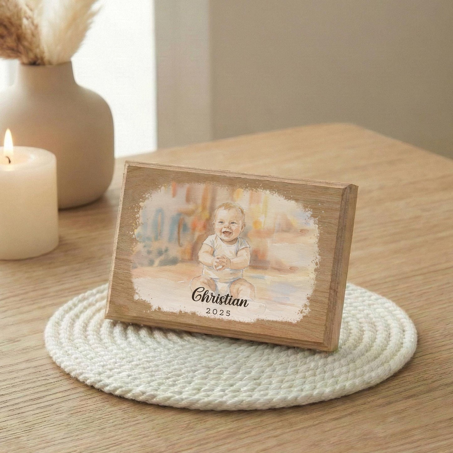 New Baby Watercolor Effect Photo Wood Frame, Children Portrait Art with Effect Painting