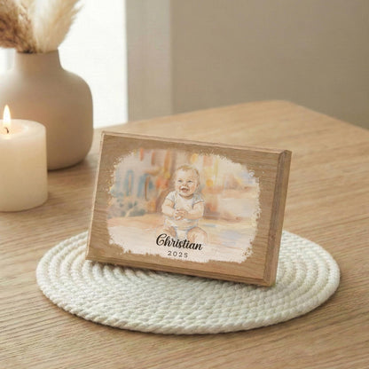New Baby Watercolor Effect Photo Wood Frame, Children Portrait Art with Effect Painting