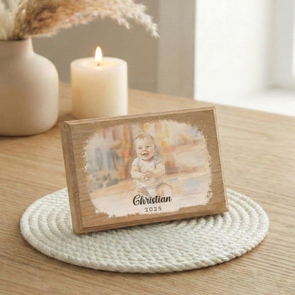 New Baby Watercolor Effect Photo Wood Frame, Children Portrait Art with Effect Painting