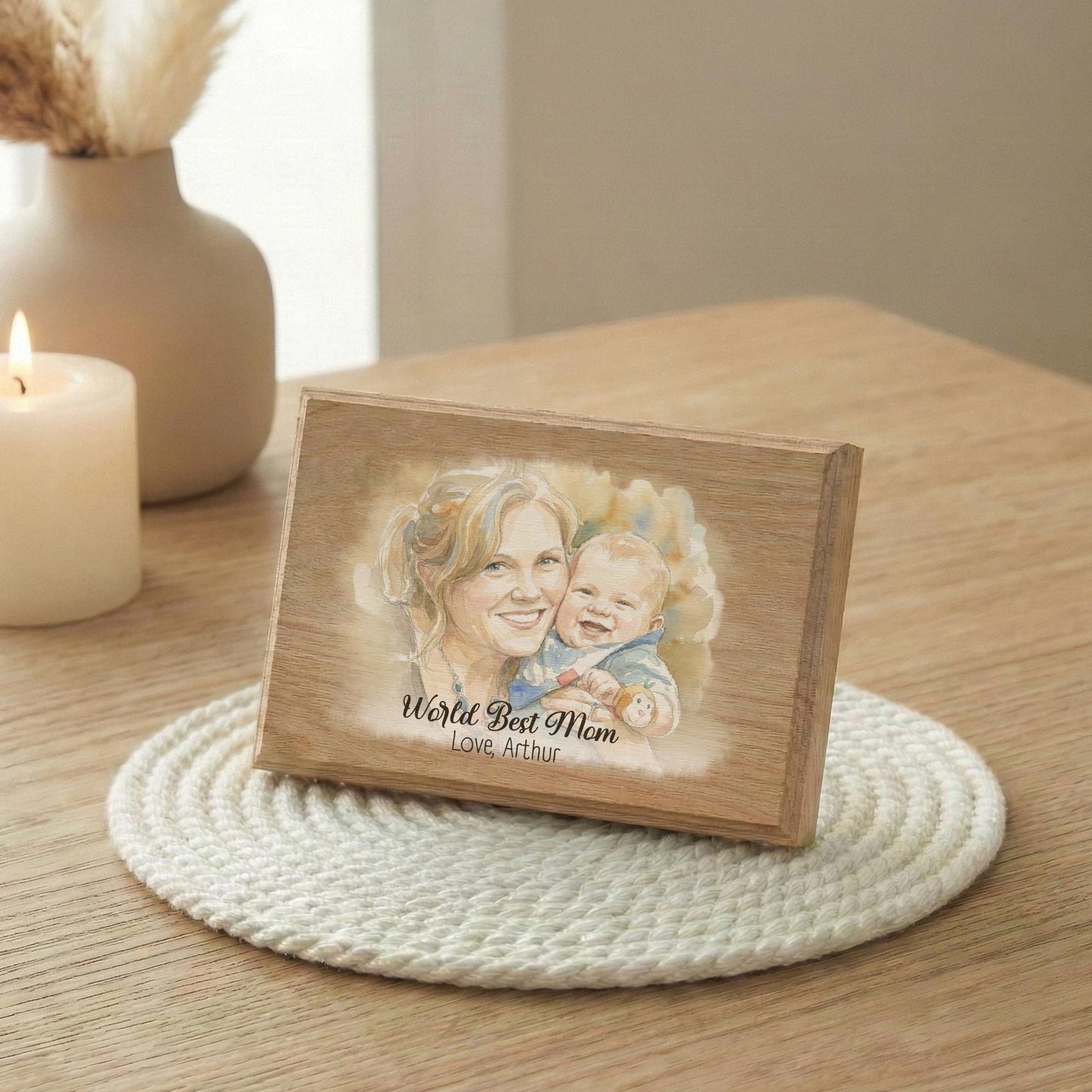 Mother and Childden Watercolor Effect Photo Wood Frame