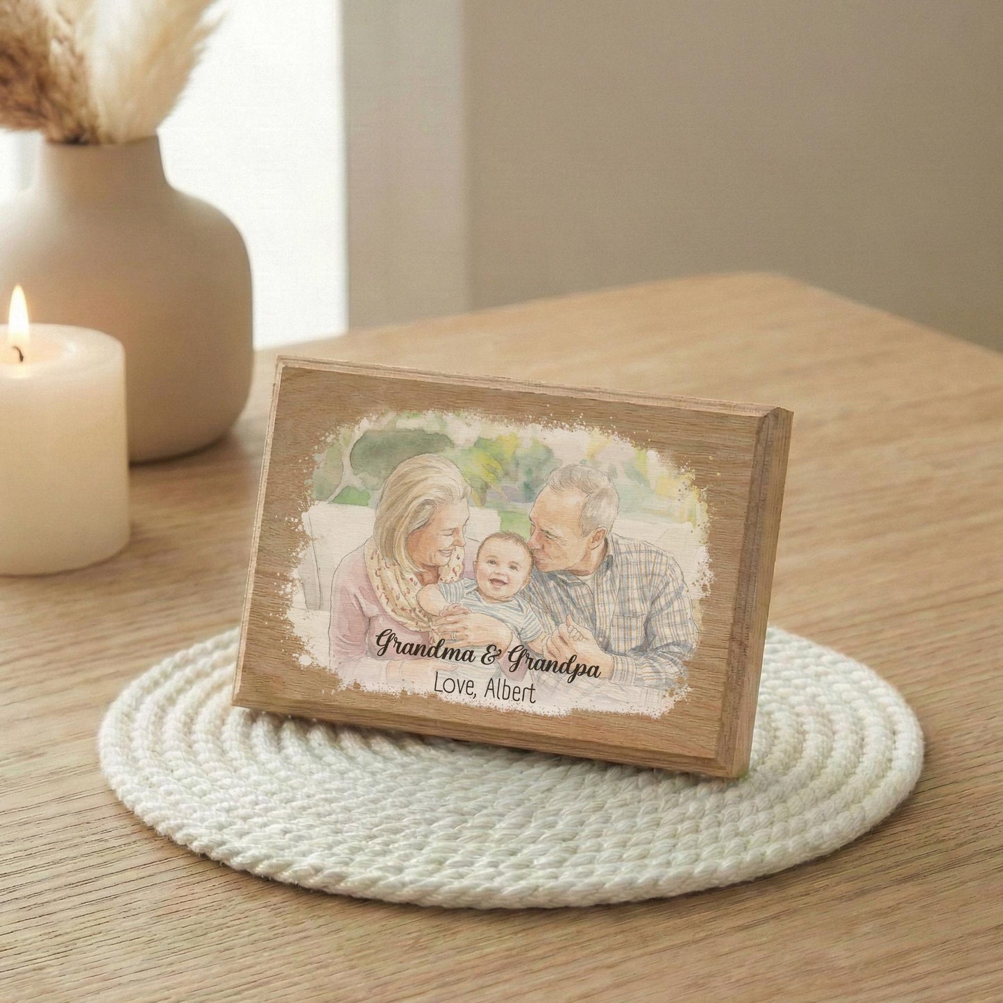 New Grandma Grandpa and Grandchild Photo with Watercolor Effect Wood Frame, Grandmother and Grandfather Picture