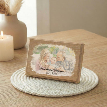 New Grandma Grandpa and Grandchild Photo with Watercolor Effect Wood Frame, Grandmother and Grandfather Picture