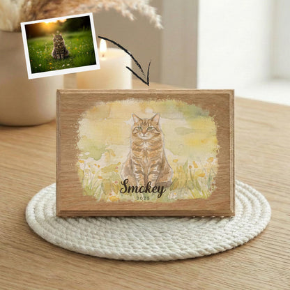 Cat Watercolor Effect Photo Wood Frame, Kitty Memorial Picture
