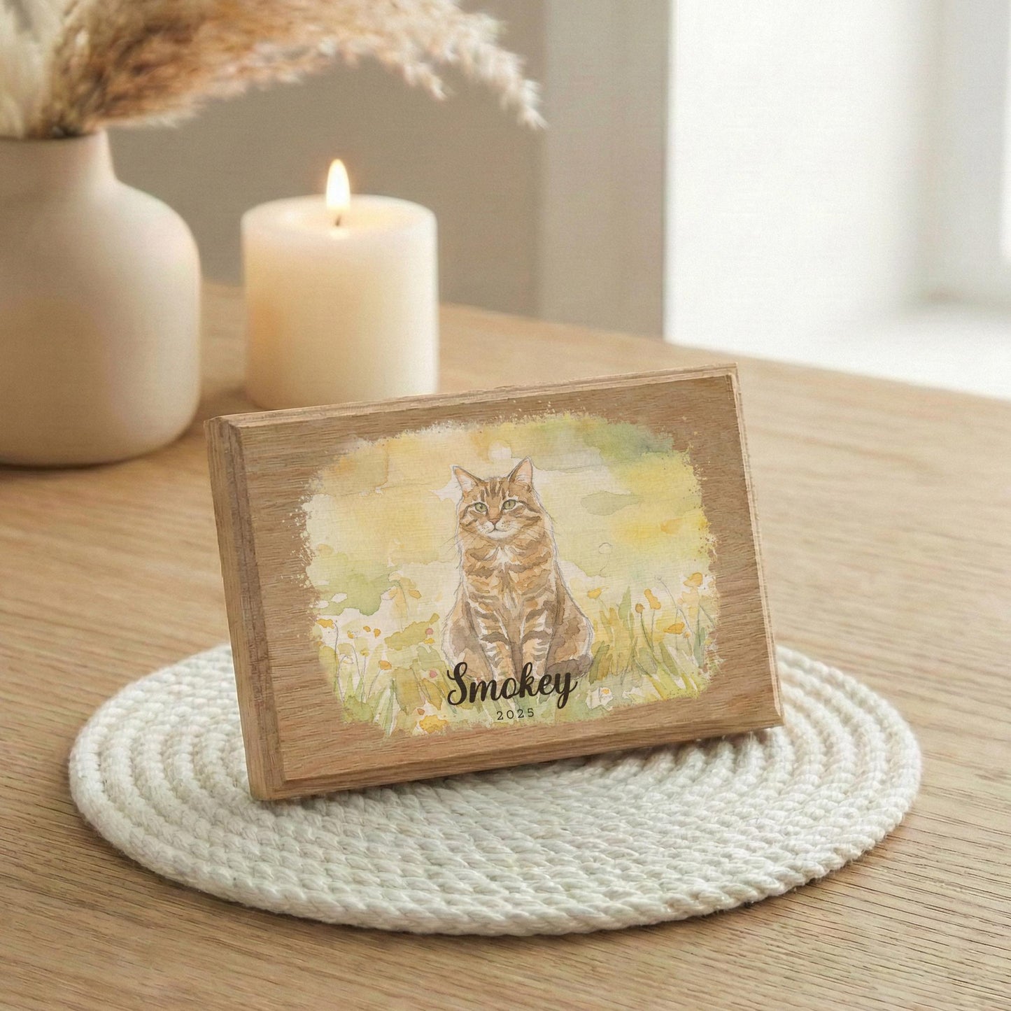Cat Watercolor Effect Photo Wood Frame, Kitty Memorial Picture