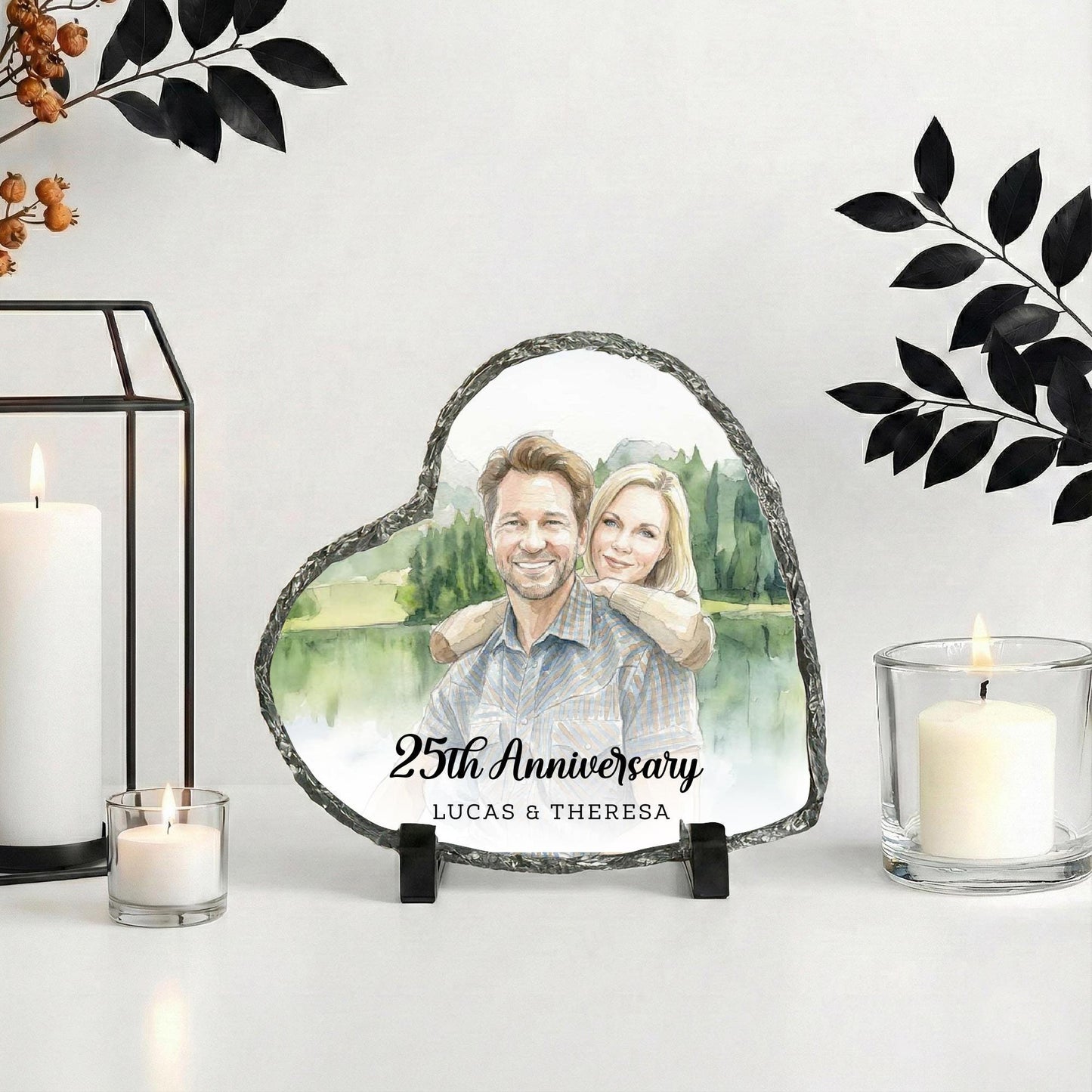 Anniversary Slate Stone Photo Plaque with Watercolor Effect