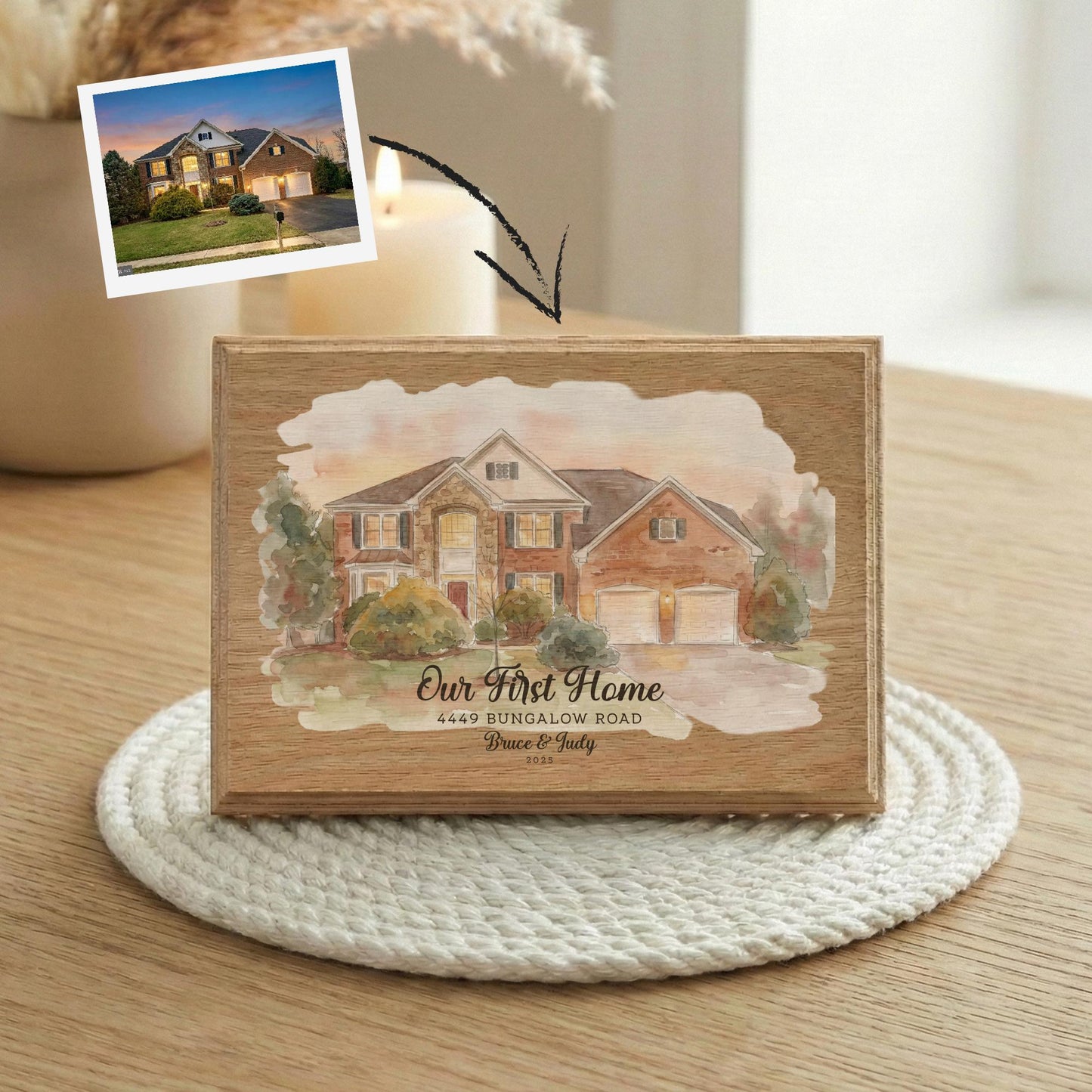 Custom Photo Home Wood Frame, Watercolor Effect Picture of First House