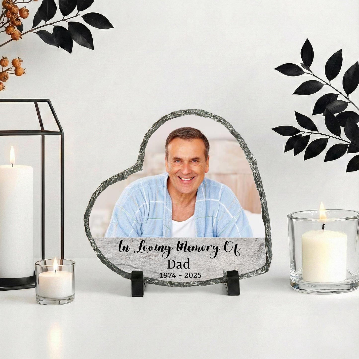 Custom In Loving Memory of Dad Photo Stone Plaque, Father Portrait Memorial Rock Slate