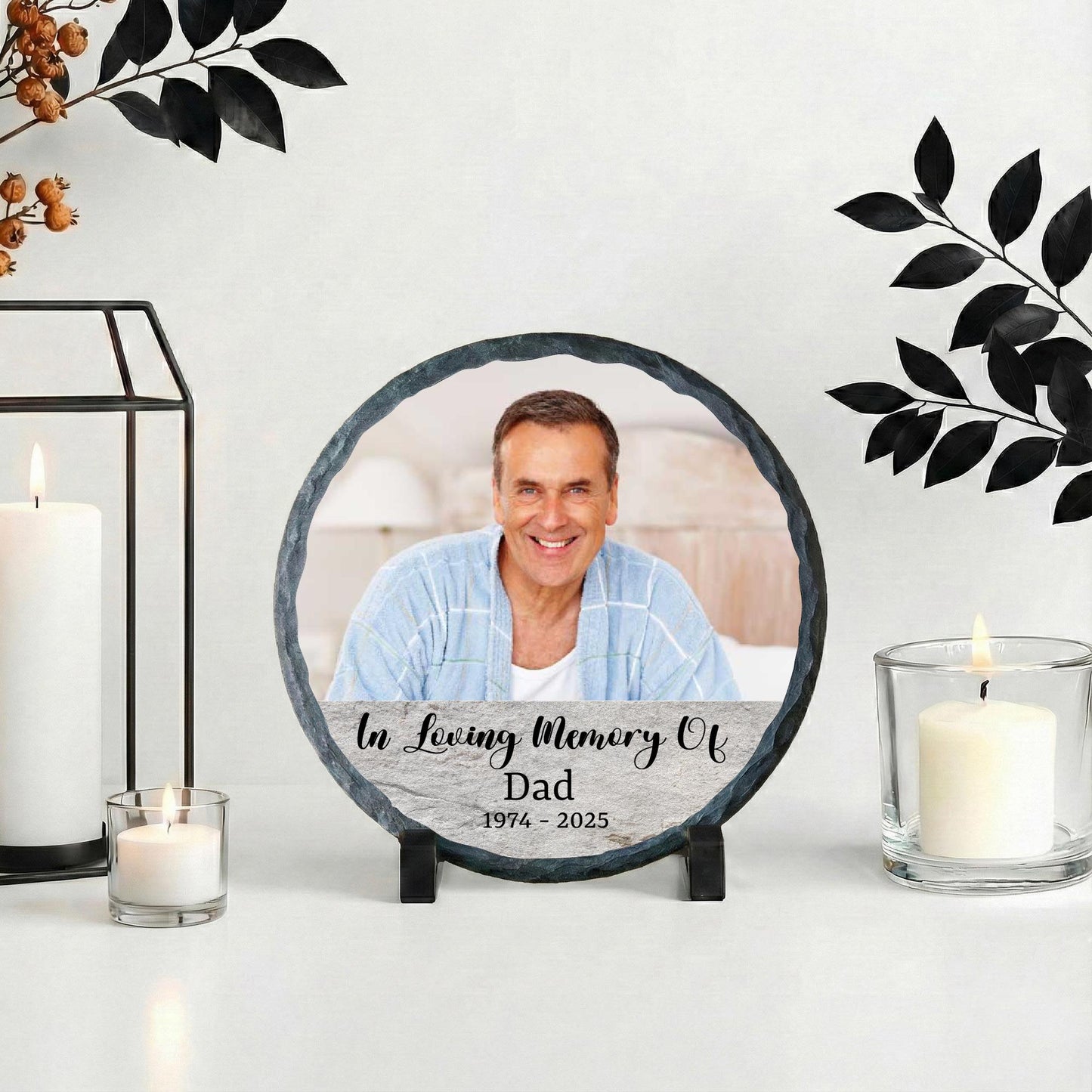 Custom In Loving Memory of Dad Photo Stone Plaque, Father Portrait Memorial Rock Slate