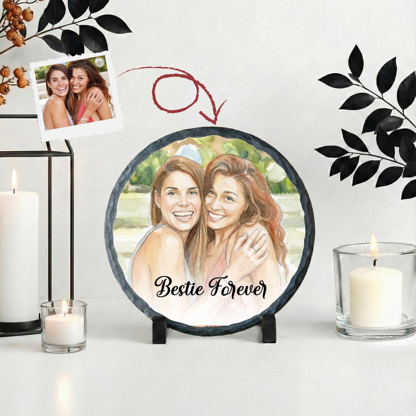 Custom Bestie Watercolor Effect Photo Slate Stone, Best Friend Picture Rock Plaque