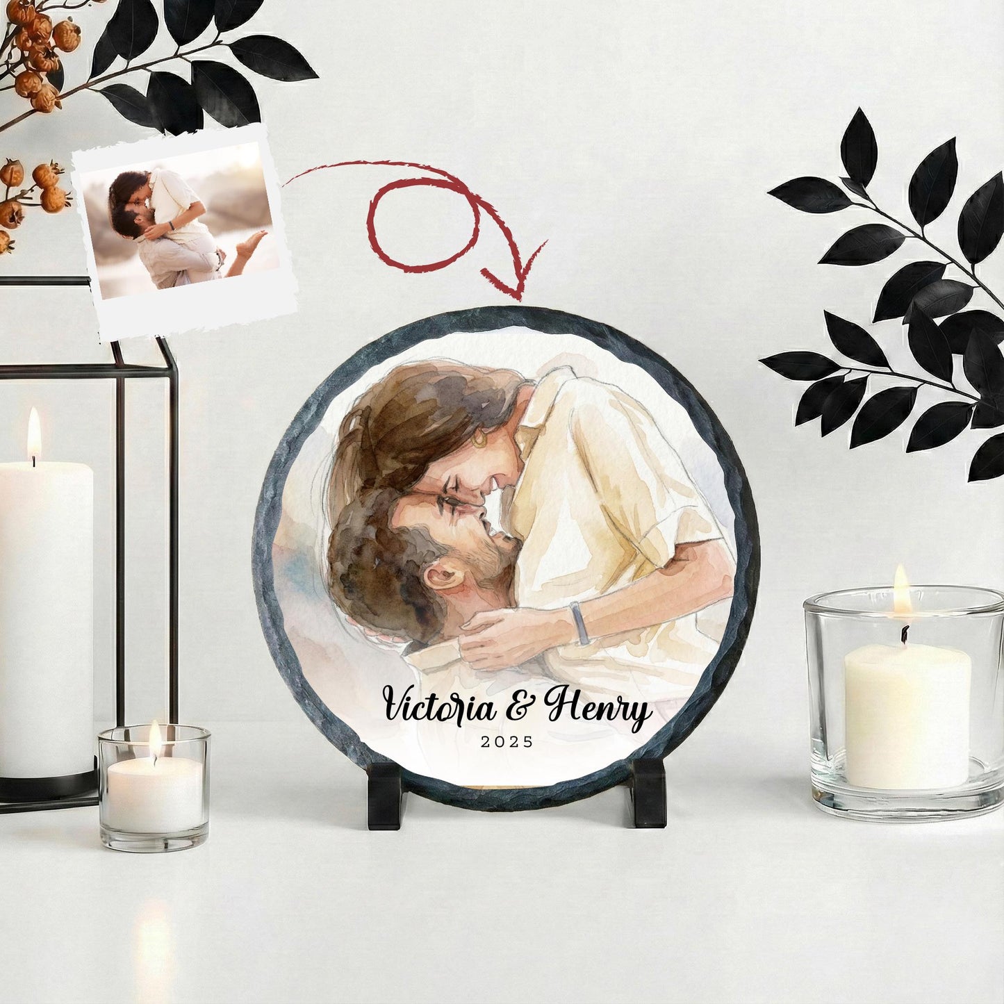 Personalized Couple Watercolor Effect Photo Rock Slate, Valentines Picture Art Effect Plaque