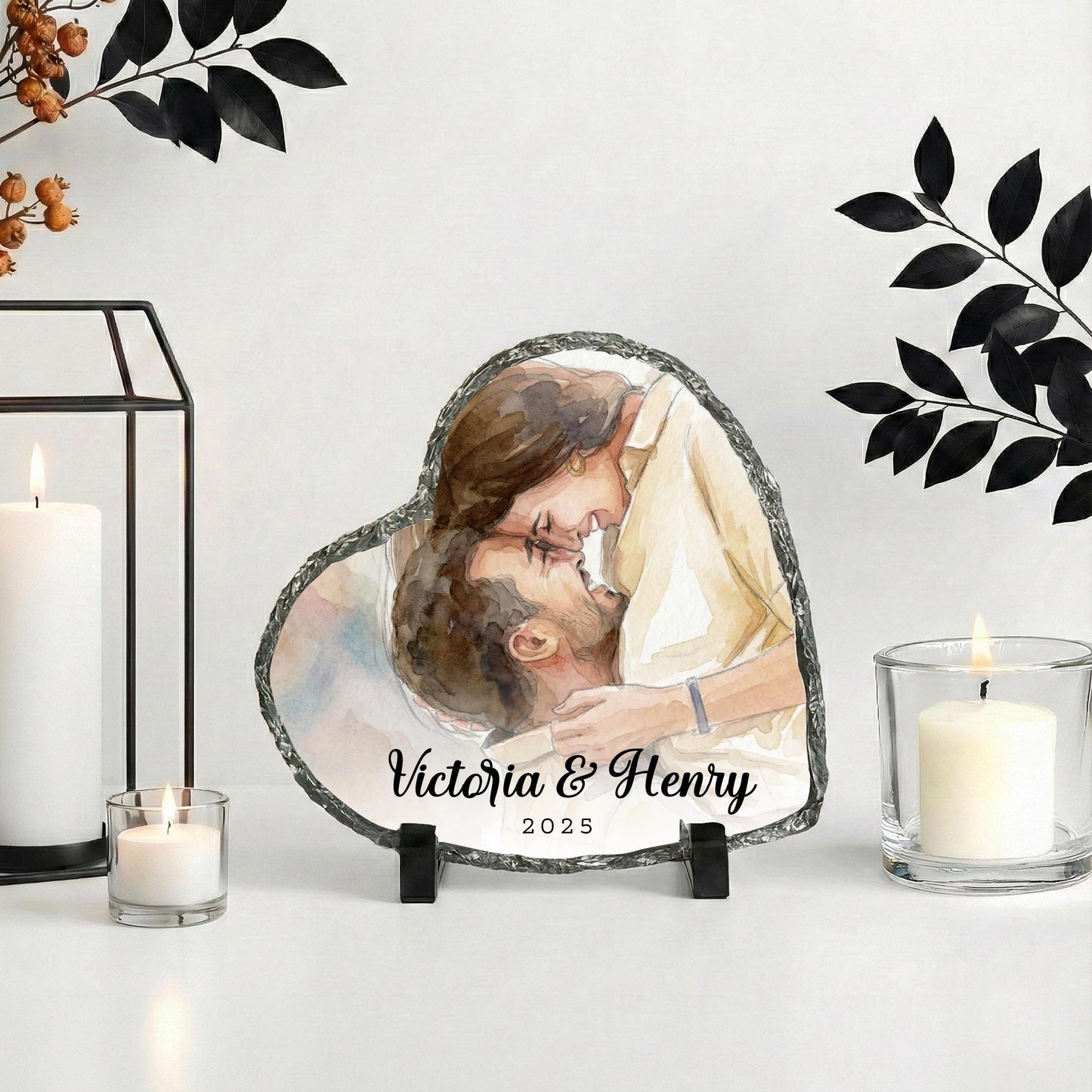 Personalized Couple Watercolor Effect Photo Rock Slate, Valentines Picture Art Effect Plaque