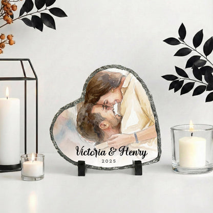 Personalized Couple Watercolor Effect Photo Rock Slate, Valentines Picture Art Effect Plaque