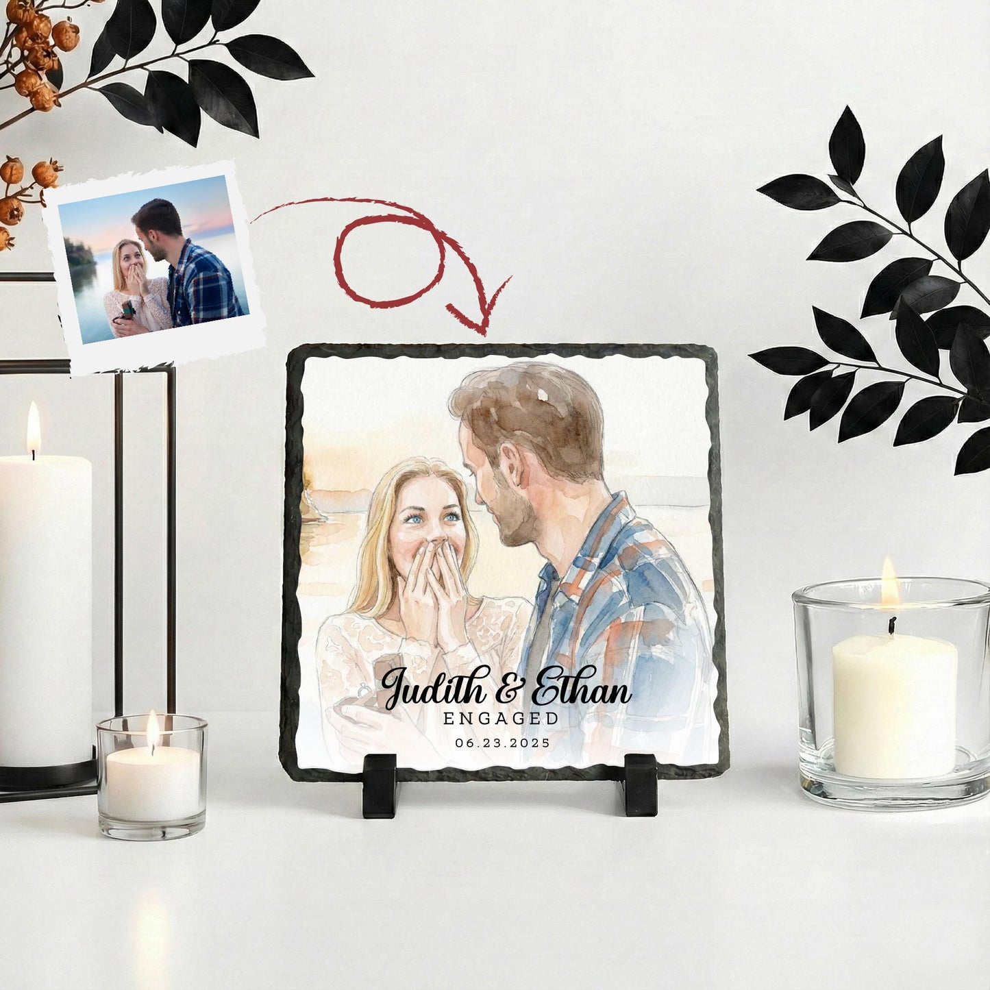 Watercolor Engaged Photo Stone Plaque, Engagement Picture Rock Slate