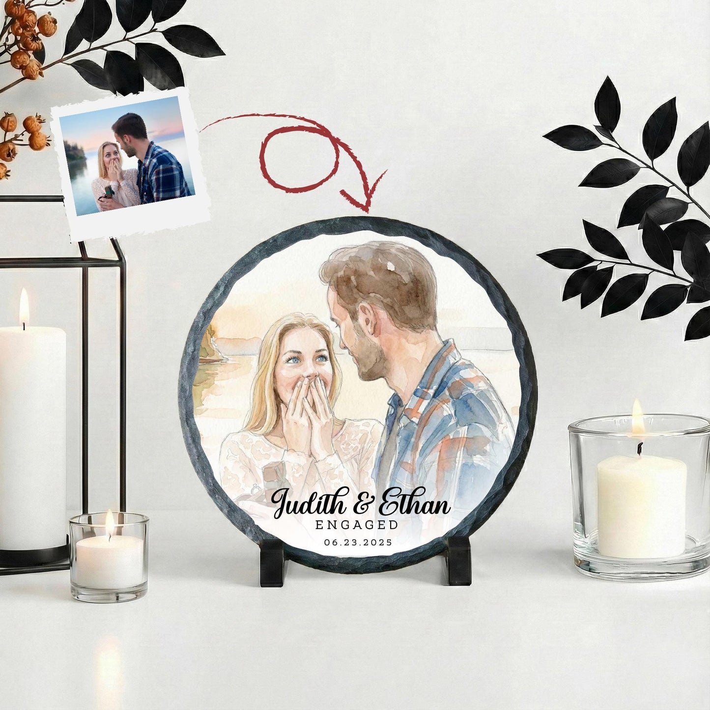 Watercolor Engaged Photo Stone Plaque, Engagement Picture Rock Slate