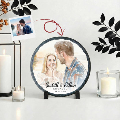 Watercolor Engaged Photo Stone Plaque, Engagement Picture Rock Slate