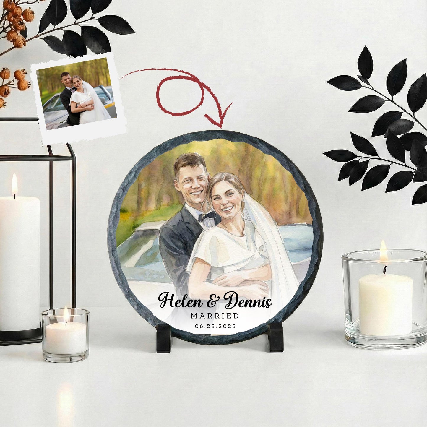Married Photo with Watercolor Effect Stone Plaque, Marriage Picture Rock Slate