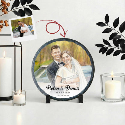 Married Photo with Watercolor Effect Stone Plaque, Marriage Picture Rock Slate