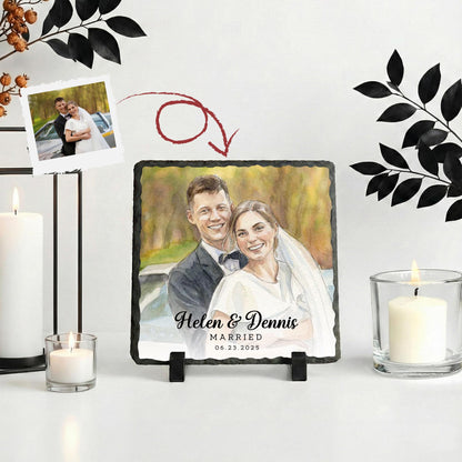 Married Photo with Watercolor Effect Stone Plaque, Marriage Picture Rock Slate
