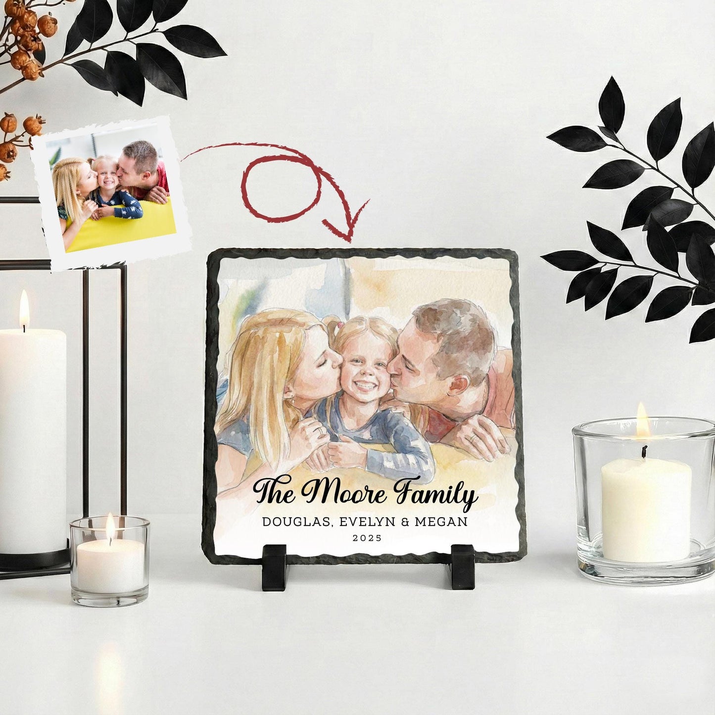 Custom Family Photo with Watercolor Effect Slate Stone