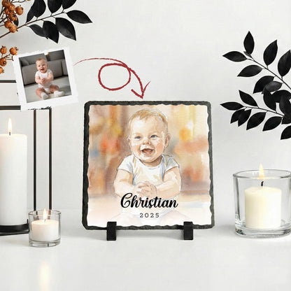 Personalized Baby Photo with Watercolor Effect Stone Plaque, Present for New Moms