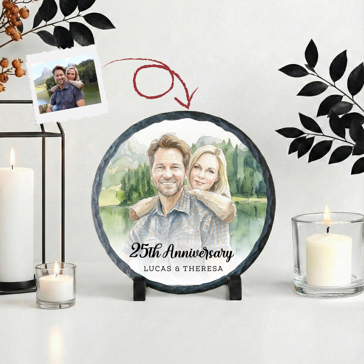 Anniversary Slate Stone Photo Plaque with Watercolor Effect