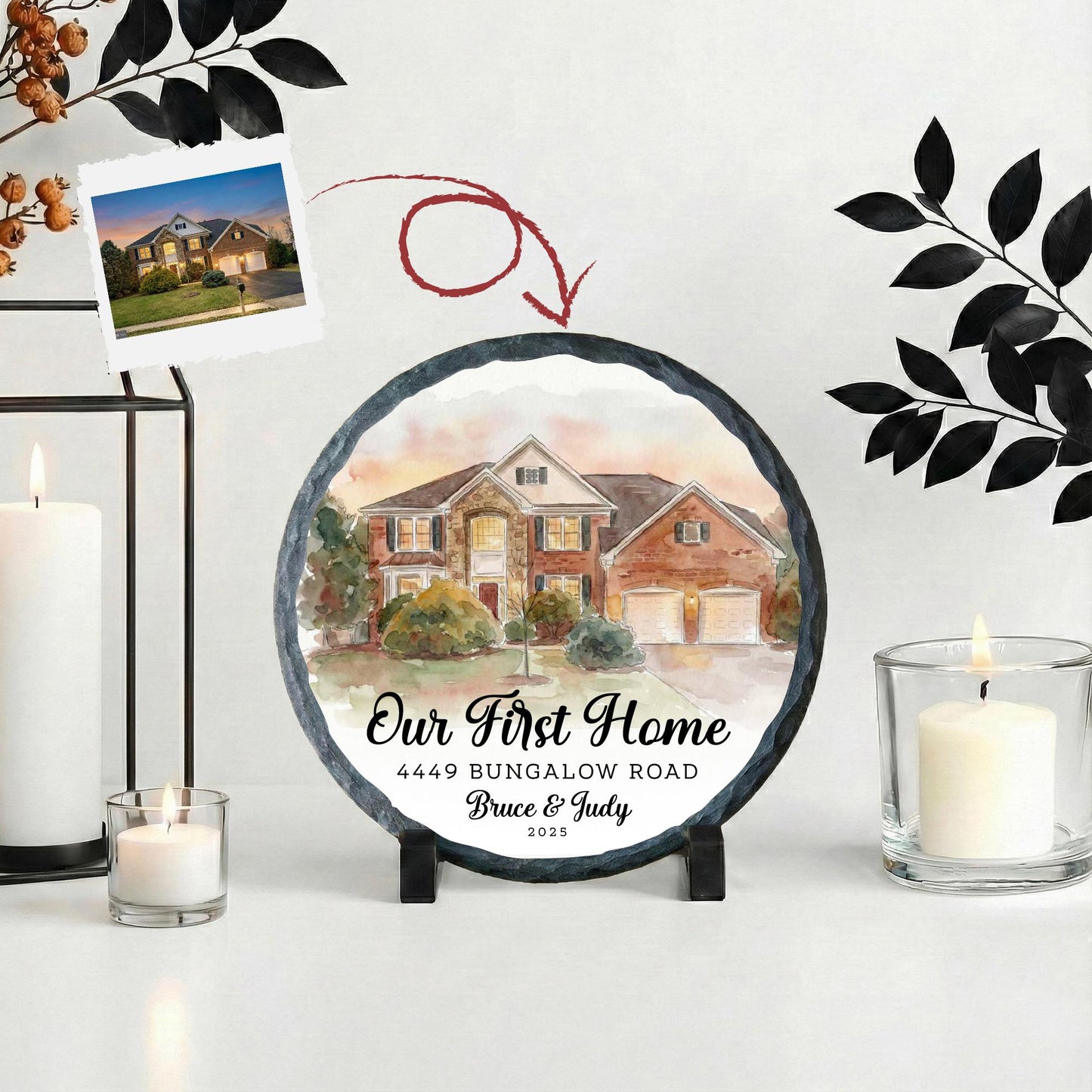 Watercolor Effect First Home Photo Stone Plaque, New House Picture Rock Slate