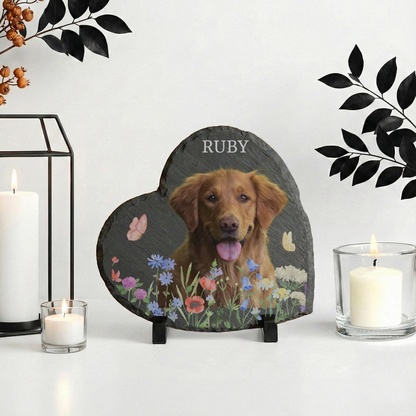 Custom Dog Photo with Flowers Stone Plaque, Puppy Portrait Rock Slate