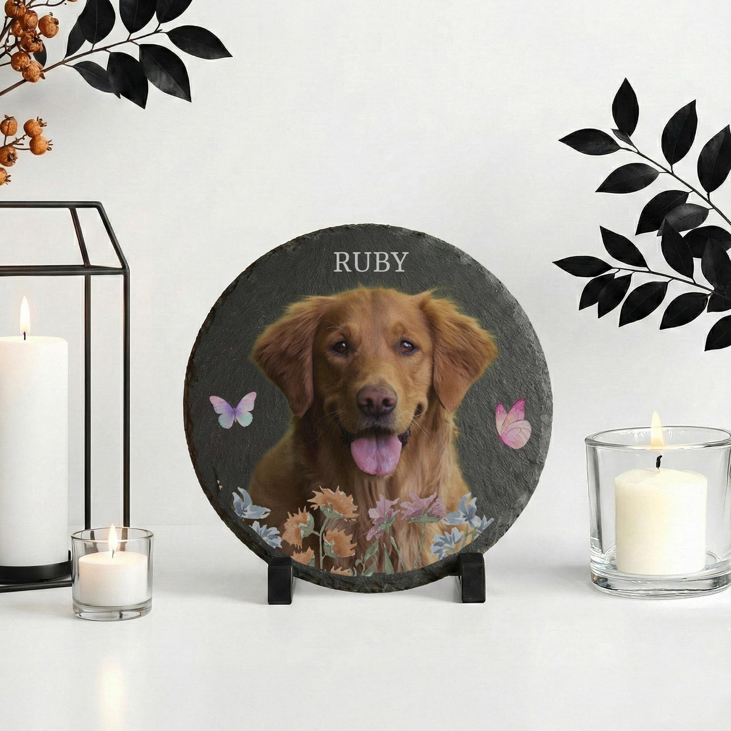 Custom Dog Photo with Flowers Stone Plaque, Puppy Portrait Rock Slate