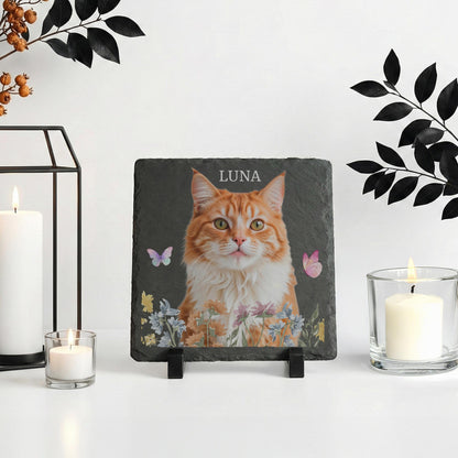 Personalized Cat Photo with Flowers Stone Plaque, Custom Kitten Portrait Rock Slate