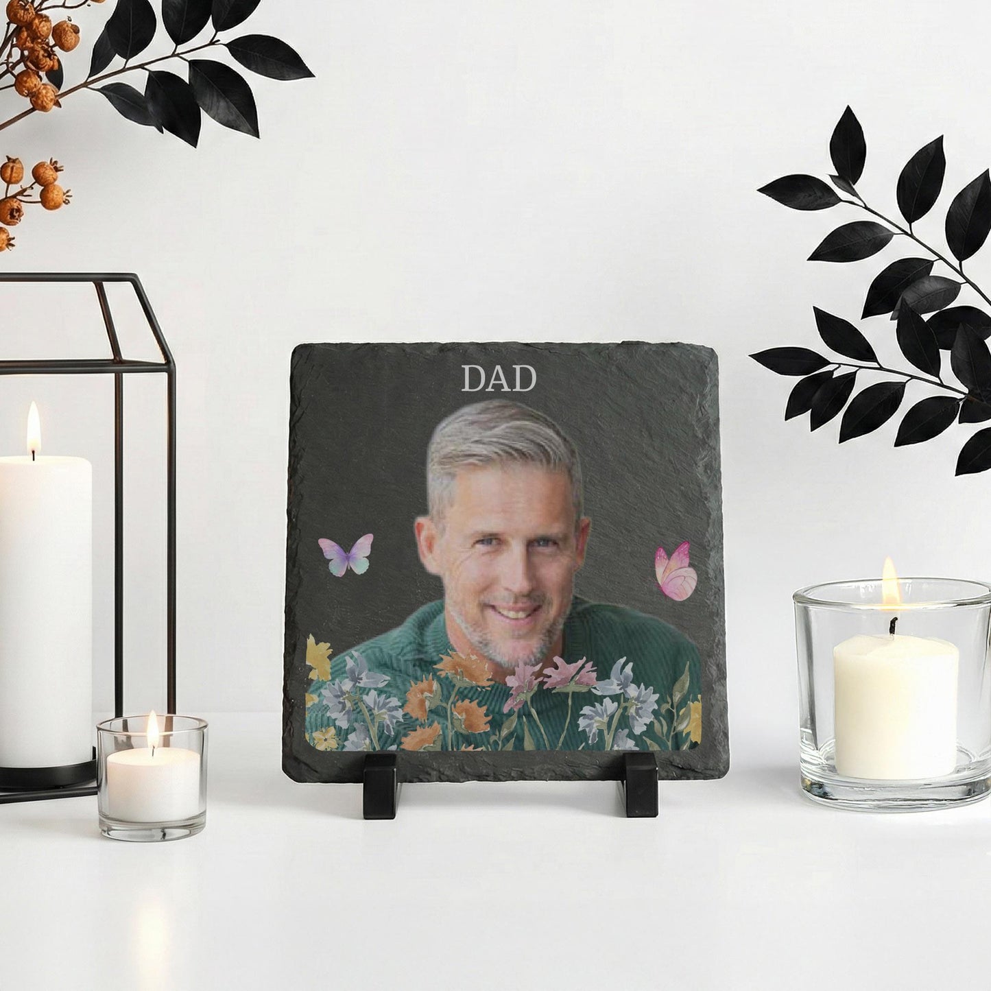 Custom Father Photo Slate Stone with Flowers, Dad Portrait Plaque