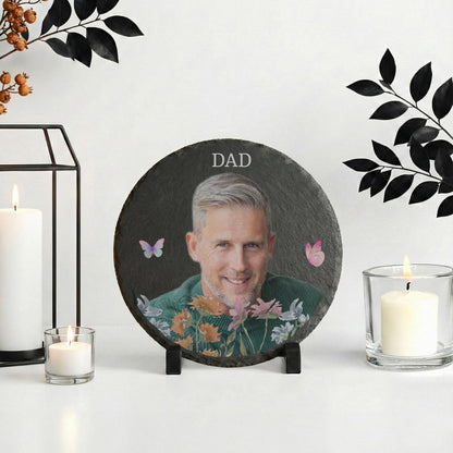 Custom Father Photo Slate Stone with Flowers, Dad Portrait Plaque
