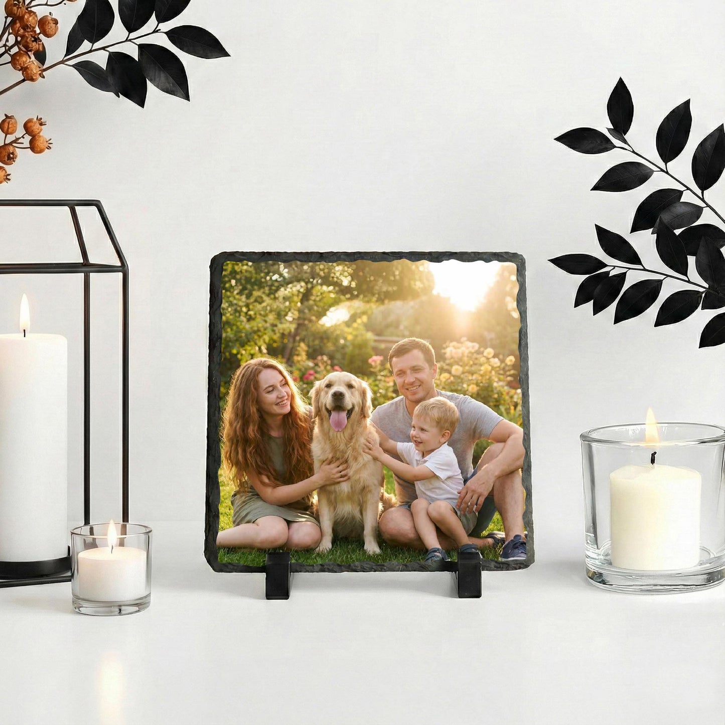 Custom Family Photo Stone Plaque, Personalized Mom Dad Children Picture Rock Slate with Pet