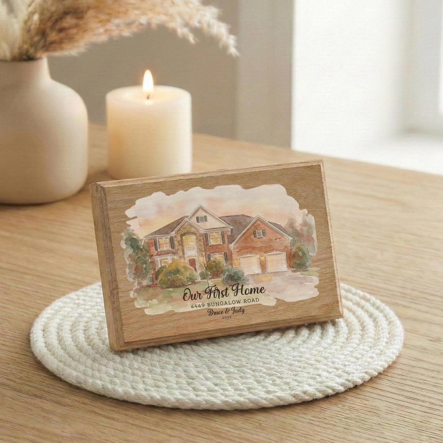 Custom Photo Home Wood Frame, Watercolor Effect Picture of First House