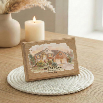 Custom Photo Home Wood Frame, Watercolor Effect Picture of First House