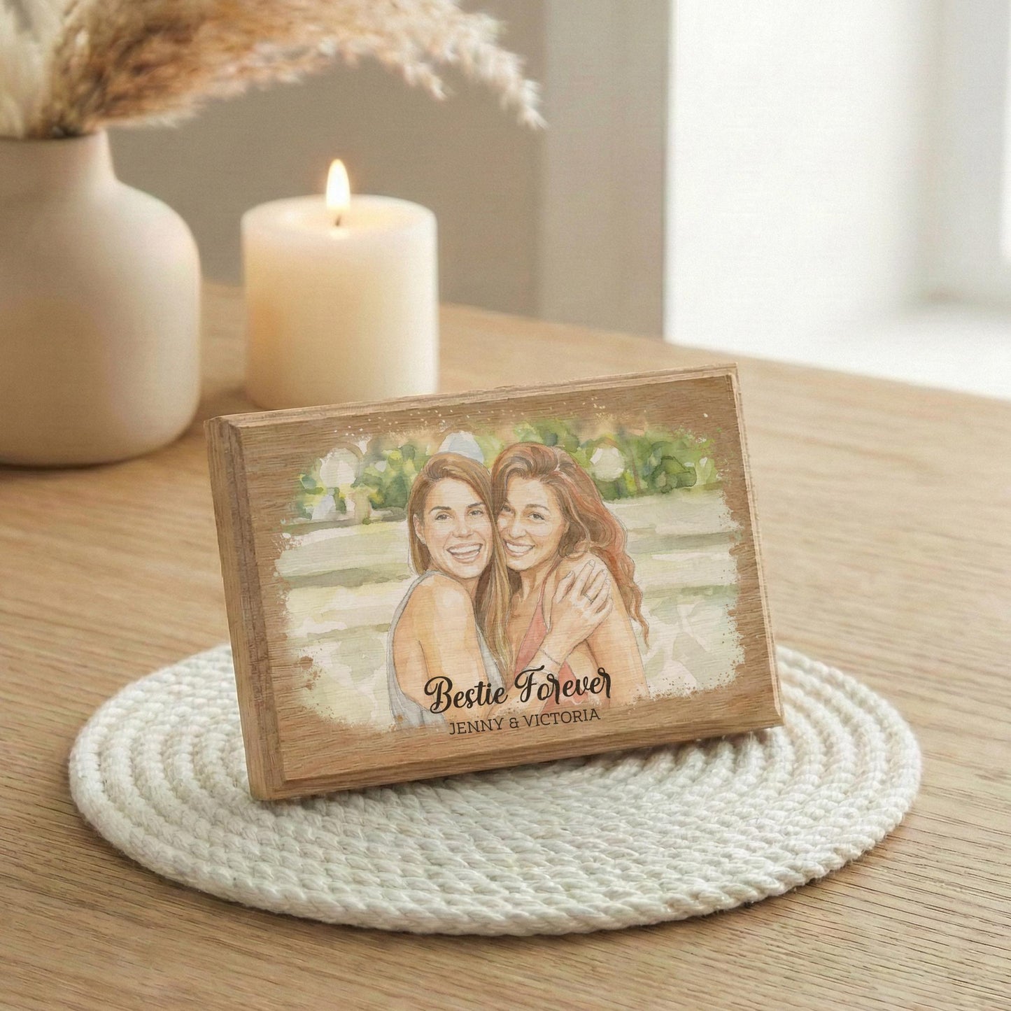 Personalized Friend Photo Wood Frame, Watercolor Effect